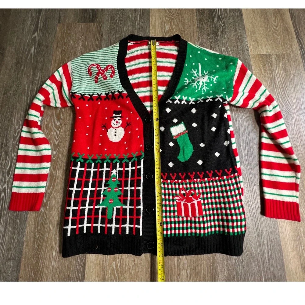 Eyeshadow Cardigan Sweater Womens Large Red Green Patchwork‎ Ugly Christmas Knit